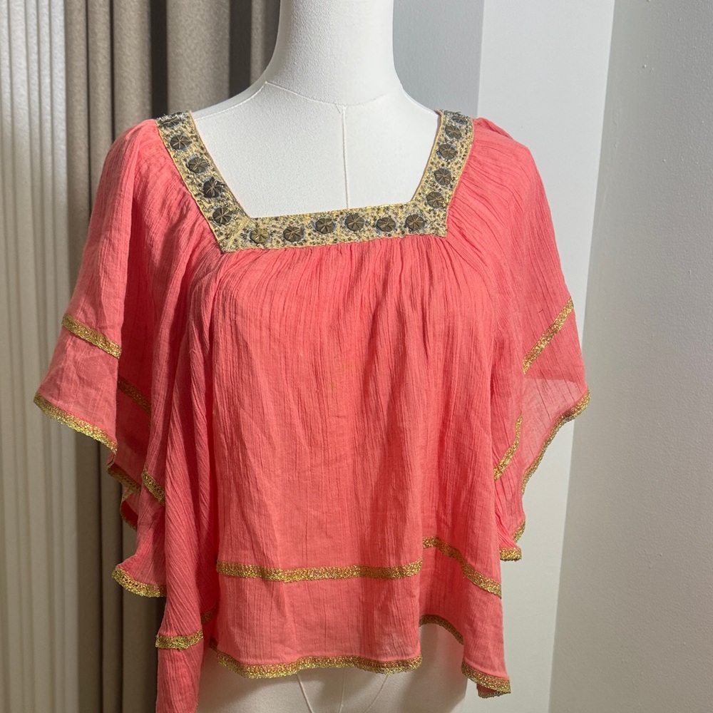 Free People Coral and Gold Square Neck Blouse